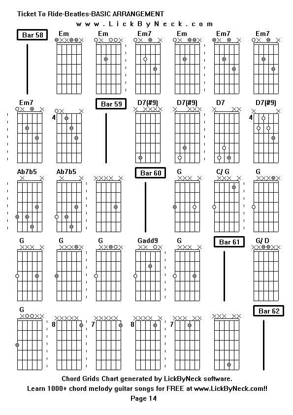 Chord Grids Chart of chord melody fingerstyle guitar song-Ticket To Ride-Beatles-BASIC ARRANGEMENT,generated by LickByNeck software.